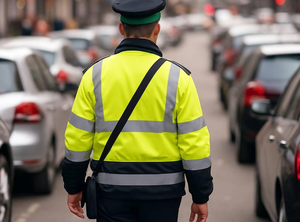 Traffic warden checking for blue badge abuse.