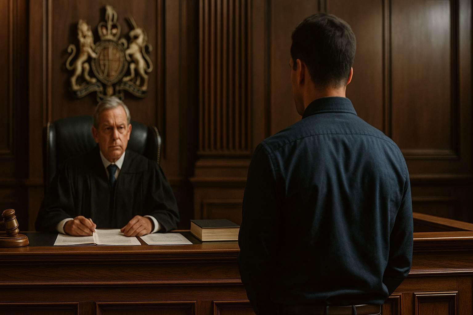 Defendant standing before a magistrate in a UK courtroom