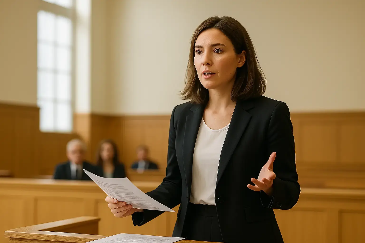 Defence advocate addressing a courtroom
