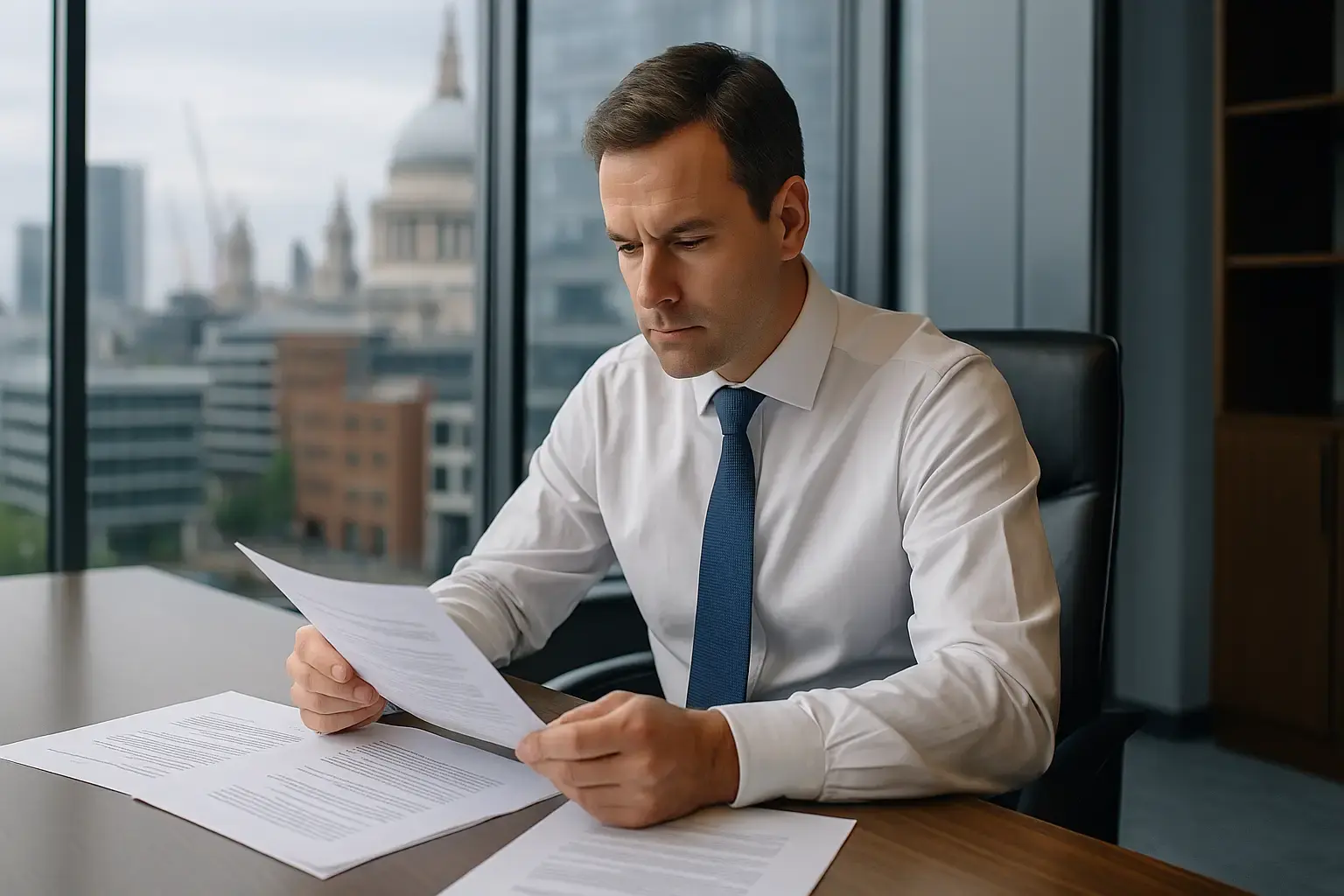 Solicitor reviewing case documents in a London office