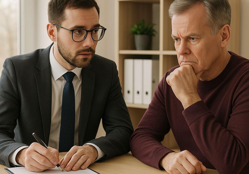 Solicitor at a desk taking notes during a meeting with a client